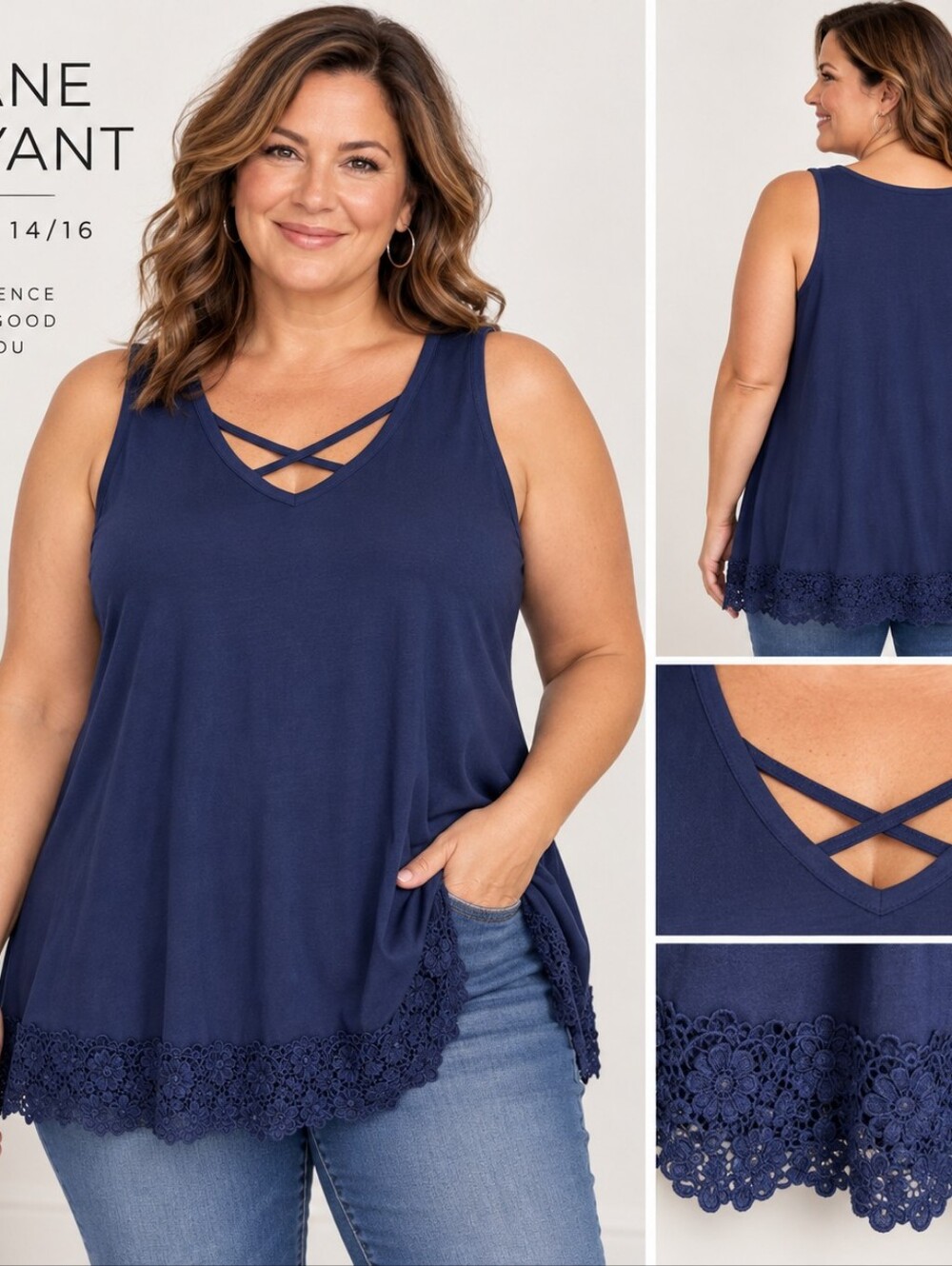 Lane Bryant 14/16 Navy Lace Hem Crisscross Tank Contemporary Casual Romantic